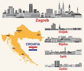 Wall Mural - Croatian main cities skylines in grayscale color palette vector set. Map and flag of Croatia. Zagreb, Osijek, Zadar, Rijeka, Split vector illustrations