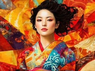 A beautiful woman with long black hair and a traditional Japanese kimono. The kimono is a vibrant mixture of reds, oranges, and blues, and the woman has a calm and serene expression.