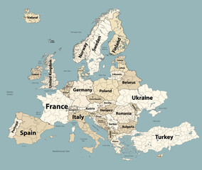 Europe map with administrative divisions borders. Soft beige color palette. Vector illustration