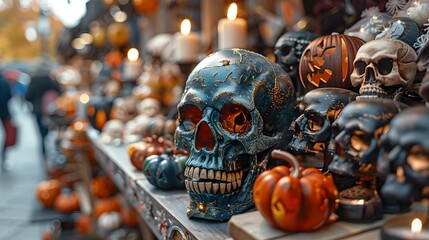 Poster - Colorful Halloween Skull Display with Pumpkins