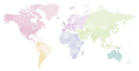 Wall Mural - world stipple textured map colored by continents. vector illustration