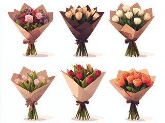 Poster - Six bouquets of flowers in various colors, wrapped in brown paper.