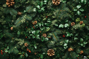 Texture of wall decorated with garlands and green pine fir branches, Christmas decorations background