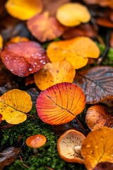 Poster - Colorful autumn leaves and mushrooms on moist ground, showcasing vibrant hues of orange, yellow, and red, with a charming natural atmosphere.
