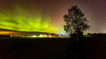 Wall Mural - northern lights dancing over couhtry landscape