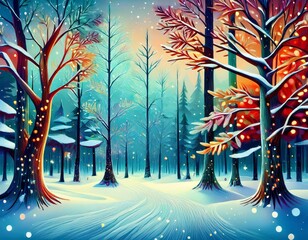 beautiful and colorful illustration of a winter forest at christmas time for a greetings card background