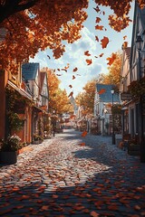Poster - A charming autumn street lined with colorful leaves, quaint buildings, and a serene atmosphere, inviting exploration and tranquility.