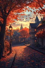Poster - Charming cobblestone street lined with autumn trees and quaint houses, illuminated by a streetlamp under a colorful sunset sky.