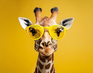 cute giraffe in trendy yellow glasses isolated on yellow background with copyspace generative ai