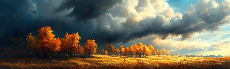 Poster - A serene landscape portrays golden trees under a dramatic sky, capturing the beauty of nature in a vibrant autumn scene.