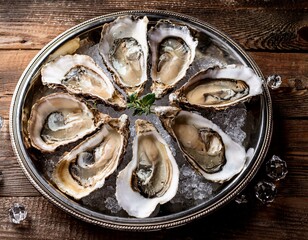 fresh oysters with champagne close up top view over wood background open french fine de claire oysters dinner in a restaurant sea food served table with oyster gourmet food delicatessen