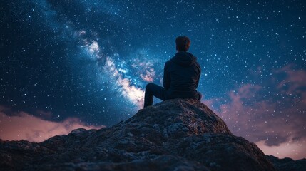 Poster - A man is sitting on a rock and looking up at the stars