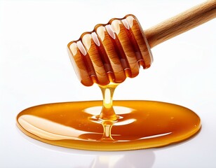 honey dripping pouring flowing over white background with dipper close up healthy organic liquid sweet sticky honey dipping isolated on white closeup border design