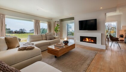 Wall Mural - living room in new luxury home with floor to ceiling fireplace