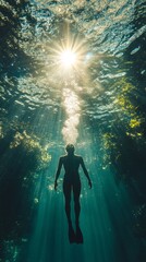 Poster - A person is swimming in the ocean with the sun shining on them
