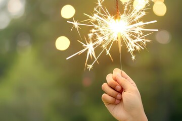 Hand holding sparkler with bright sparks against blurred green nature background