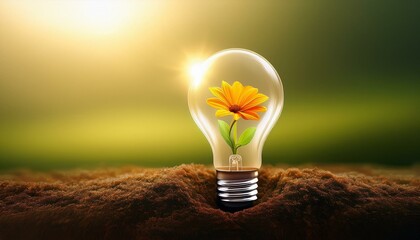 shining flower growing from the base of a light bulb background with copy space