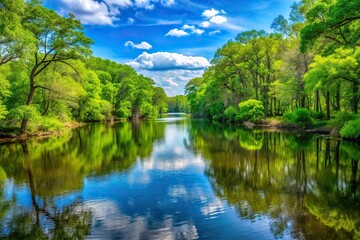 Wall Mural - nature background with river& bright green trees in swampy environment