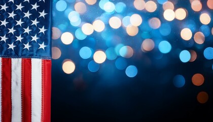 united states flag border over blue and black bokeh lights background with copy space for american holidays