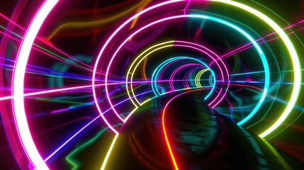 Wall Mural - Abstract pink yellow blue neon hyper tunnel warp wormhole space in the tunnel 3d illustration night time