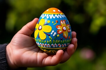 Poster - Close-up of a childâ€™s hand holding a brightly painted Easter egg, with the paintâ€™s texture and tiny details of the childâ€™s fingers visible, showing the joy of Easter crafting