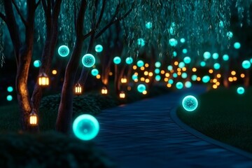 Poster - Enchanted holly willow grove, where the trees glow softly in shades of blue and green, with magical orbs of light floating around the branches, illuminating a mystical pathway