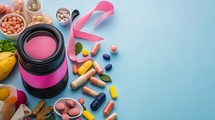 flat lay of various health supplements, including colorful capsules, tablets, and pink ribbon, arranged aesthetically on blue background. This vibrant composition highlights wellness and nutrition