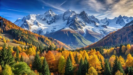 Wall Mural - Scenic view of forest and snowy Mont Blanc peaks in autumn