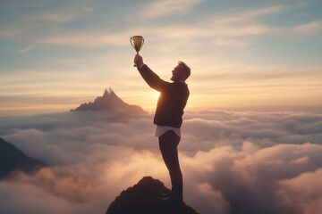 Businessman holding trophy on top of mountain. Concept of victory in competition. Business planning and strategy for future business growth. Success and goal achievement