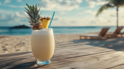 Wall Mural - A refreshing pineapple cocktail with a straw on a wooden table at a beach with two chairs.