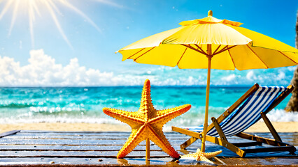 Wall Mural - Sandy beach with umbrella and chair. Tropical holiday.