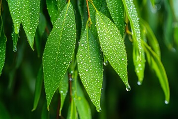 Aufkleber - Holly willow tree covered in morning dew, with droplets clinging to the leaves, sparkling in the early light and creating a fresh, rejuvenating scene