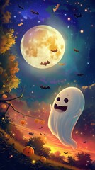 A charming little ghost with a big smile floating next to a bright, glowing moon with cute bats flying around. The sky is filled with stars and tiny pumpkins hanging on trees.