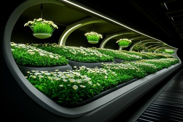 Poster - Hovering flowerbeds in a futuristic landscape, where flowers are suspended in the air, rotating gently and emitting soft light as part of an advanced eco-project