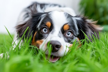 Fototapete - Hyper-realistic close-up of a dog's face, with every detail of its fur, eyes, and nose captured as it plays joyfully in the grass, showing intense focus and happiness