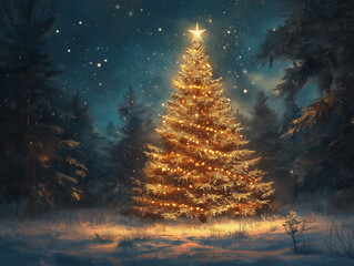 Wall Mural - llustration of christmas tree in a dark forest under a starry sky