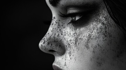 Wall Mural - A woman with a black and white face with a lot of makeup on