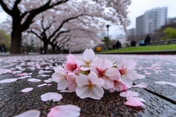 Poster - Japanese cherry blossom park, where soft pink petals fall gently from the trees, covering the ground in a light, floral carpet