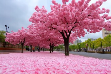 Poster - Japanese cherry blossom park, where soft pink petals fall gently from the trees, covering the ground in a light, floral carpet