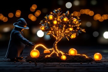 Poster - Magical tree being planted by a wizard, with glowing roots spreading through the soil, and the tree sprouting mystical fruit that glows with an inner light