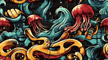 Poster - Seamless graffiti pattern with jellyfish, sea turtles, and abstract wave shapes, highlighted by bright neon colors and glowing brushstrokes, spray-painted on a dark concrete wall,