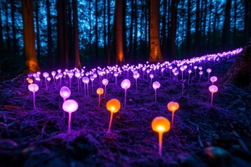 Poster - Magical purple dead-nettle field, where the flowers glow softly at night, illuminating the dark forest with a gentle, purple light, surrounded by enchanted creatures