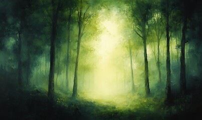 Poster - A serene forest scene with vibrant green hues, illuminated by soft light filtering through the trees, evoking a sense of tranquility and mystery.