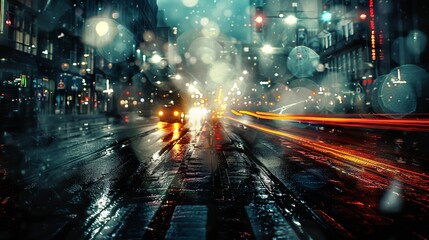 Mysterious night cityscape  abstract light scene on dark street with wet asphalt and smog