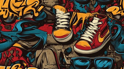 Sticker - Seamless graffiti pattern with trendy sneakers, sunglasses, and urban clothing items, highlighted by bright neon colors and abstract graffiti tags,