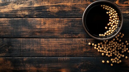 Wall Mural - A small black bowl filled with dark soy sauce with soy beans scattered around it on a rustic wooden surface.