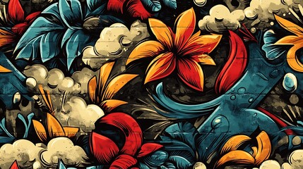 Wall Mural - Seamless graffiti pattern with tropical foliage, abstract water drops, and swirling cloud shapes, highlighted by bright neon colors and brushstrokes, spray-painted on a dark concrete wall,