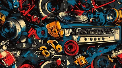 Poster - A lively graffiti pattern blending boomboxes, vinyl records, and drum kits, surrounded by swirling soundwaves and dynamic music notes, set against a concrete wall,