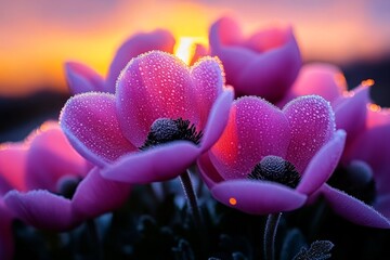 Poster - Pasque flowers in bloom at sunrise, the soft pink and purple hues of the flowers glowing in the warm light of the rising sun, with dew still on the petals