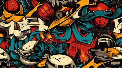 Poster - A seamless graffiti pattern blending basketballs, skateboards, and urban sports graffiti tags, highlighted with neon paint splatters and dynamic lines,